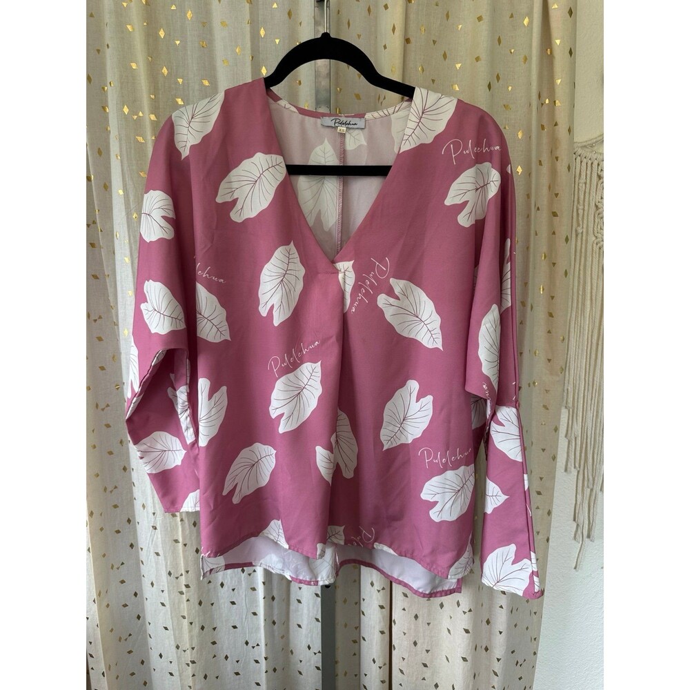 Pulelehua Mauve All Over Hawaiian Kalo Hāloa Long Sleeve Tunic Blouse XS